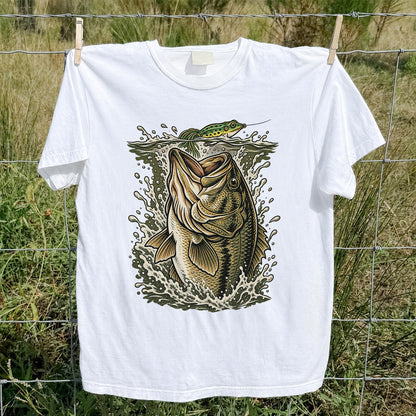 Largemouth Bass Striking a Frog Lure Fishing Graphic T-Shirt