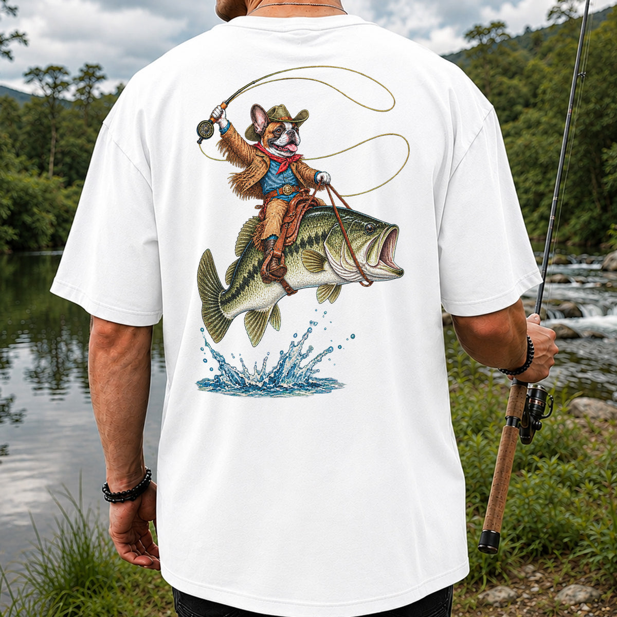 French Bulldog Cowboy Riding a Bass Fishing Graphic T-Shirt | Back Print