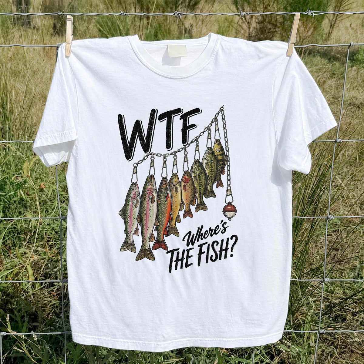 WTF Where's the Fish Trout and Bass Stringer Funny Fishing T-Shirt