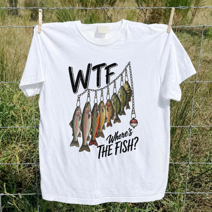 WTF Where's the Fish Trout and Bass Stringer Funny Fishing T-Shirt