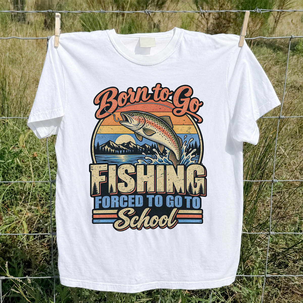 Born to Go Fishing Forced to Go to School Retro Rainbow Trout T-Shirt