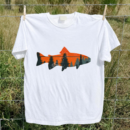 Trout with Mountain Sunset and Pine Forest Fishing Graphic T-Shirt
