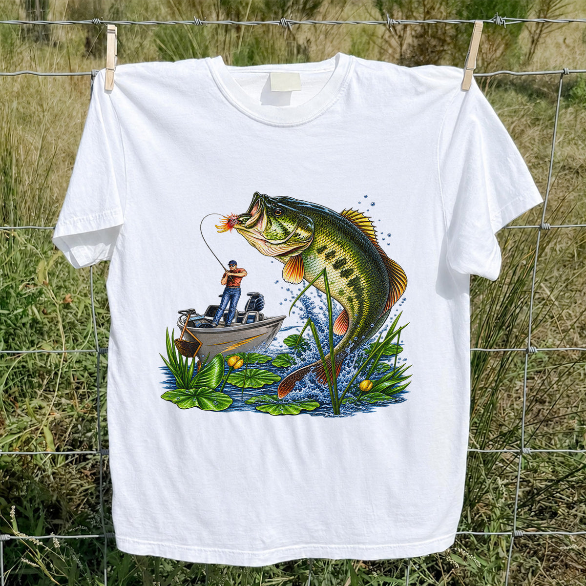 Largemouth Bass Leaping Beside Fishing Boat Graphic T-Shirt