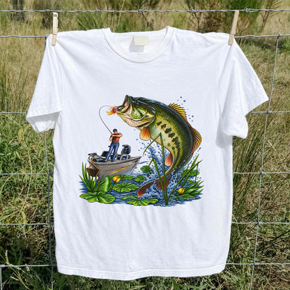 Largemouth Bass Leaping Beside Fishing Boat Graphic T-Shirt