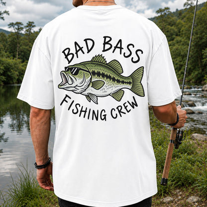 Bad Bass Fishing Crew Funny Graphic T-Shirt | Back Print