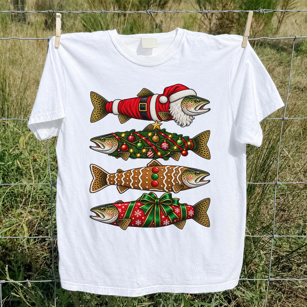Festive Christmas Trout Santa and Gingerbread Fishing T-Shirt
