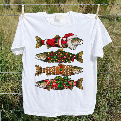 Festive Christmas Trout Santa and Gingerbread Fishing T-Shirt