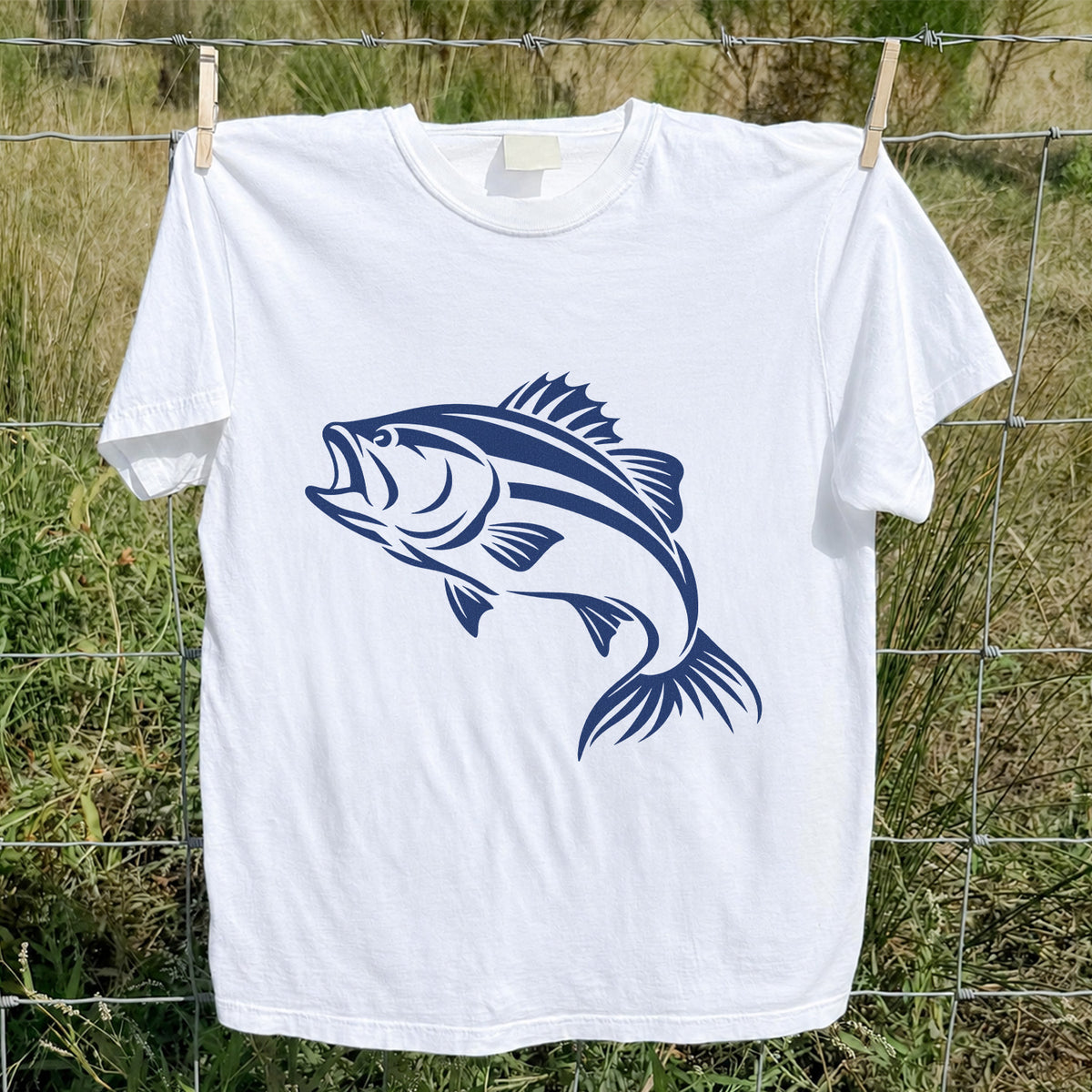 Blue Bass Fishing Line Art Graphic T-Shirt