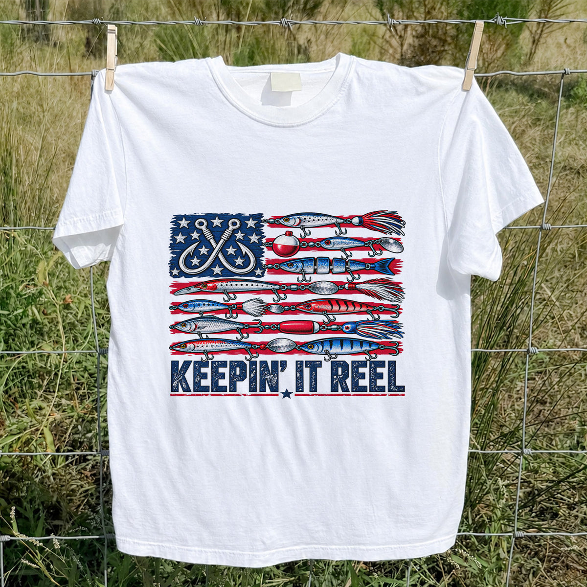 Keepin' It Reel American Flag Fishing Lures Graphic T-Shirt
