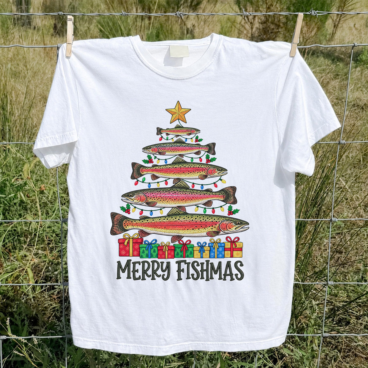 Rainbow Trout Christmas Tree Fishing Graphic T-Shirt