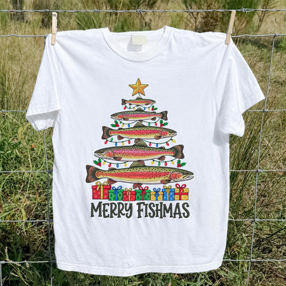 Rainbow Trout Christmas Tree Fishing Graphic T-Shirt