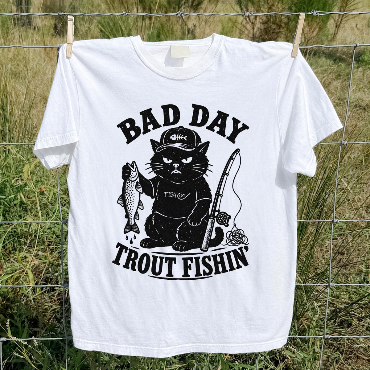 Bad Day Trout Fishin' Fish On Grumpy Black Cat Funny Fishing T-Shirt