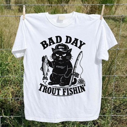 Bad Day Trout Fishin' Fish On Grumpy Black Cat Funny Fishing T-Shirt