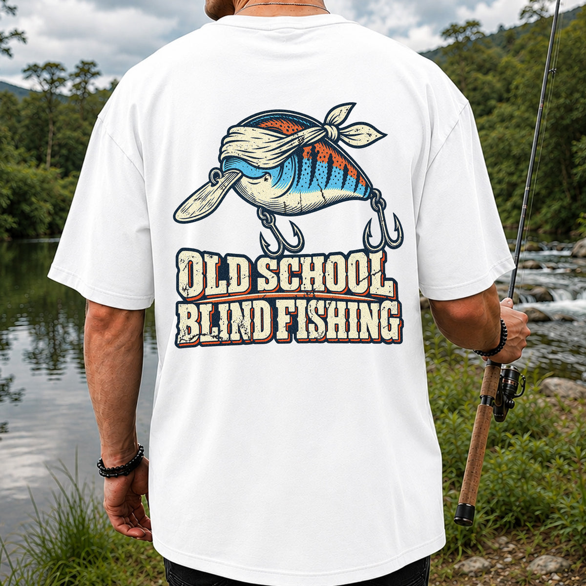 Old School Blind Fishing Blindfolded Lure Graphic T-Shirt | Back Print