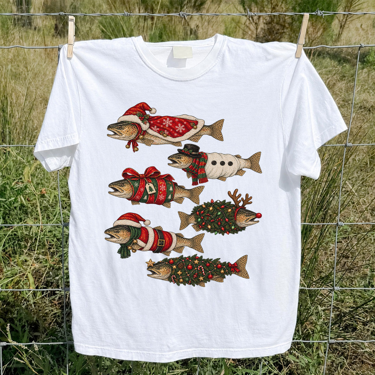 Christmas Trout in Festive Costumes Fishing Graphic T-Shirt