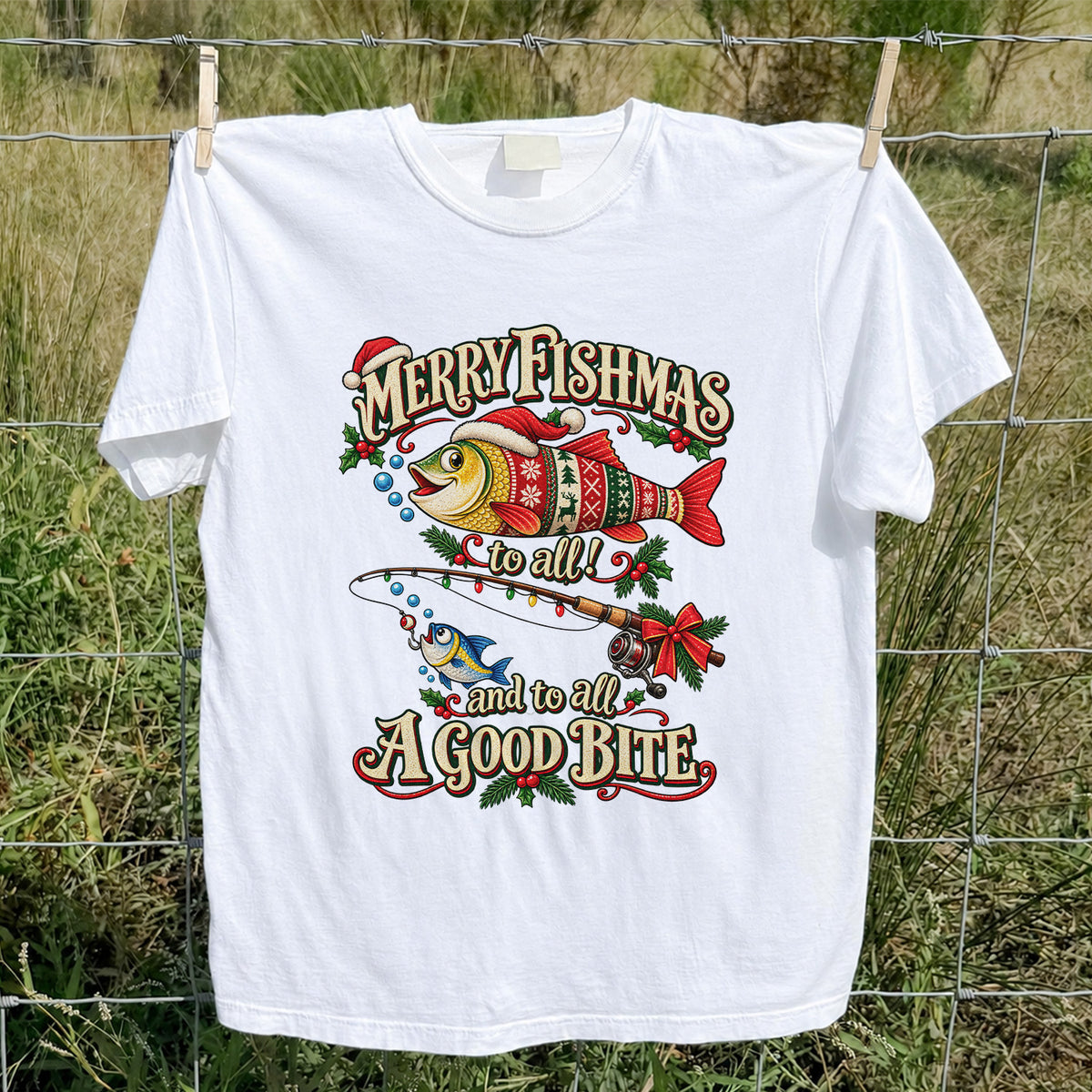 Merry Fishmas to All and to All a Good Bite Christmas Fishing T-Shirt