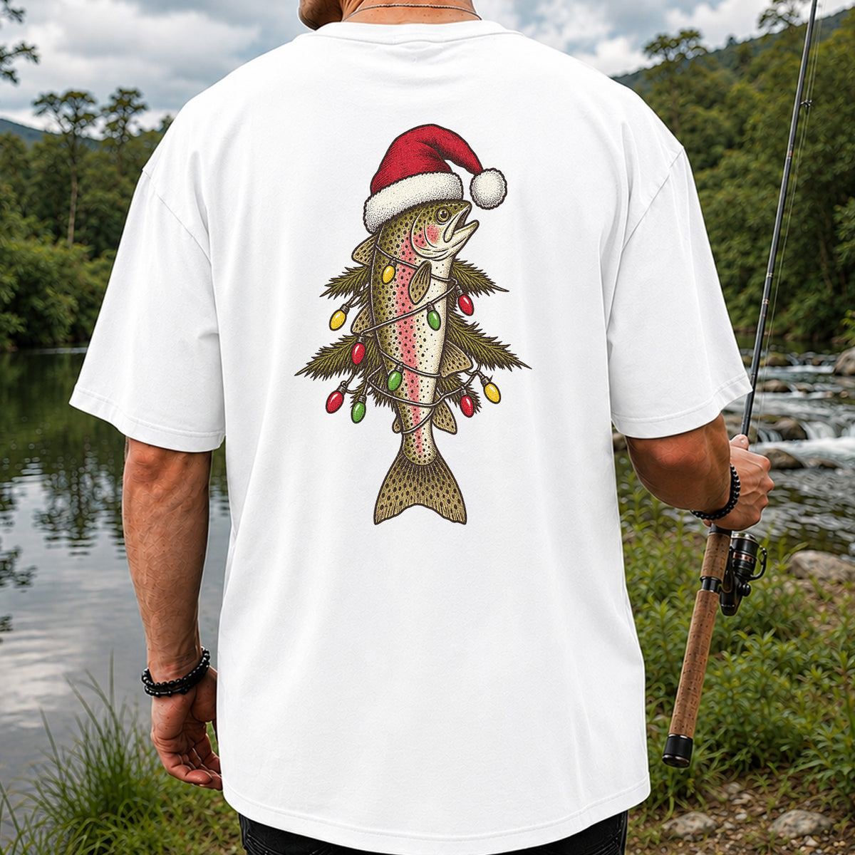 Christmas Trout Tree Fishing Graphic T-Shirt | Back Print