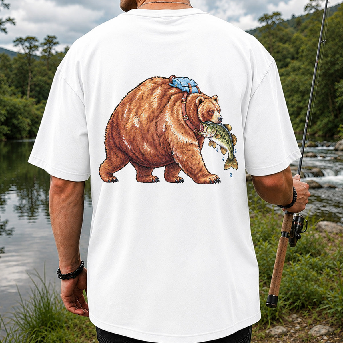 Bear Carrying Bass Fishing Wildlife Graphic T-Shirt | Back Print
