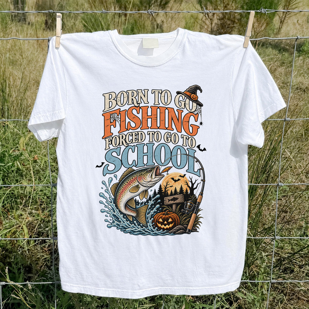 Born to Go Fishing Forced to Go to School Rainbow Trout Halloween T-Shirt