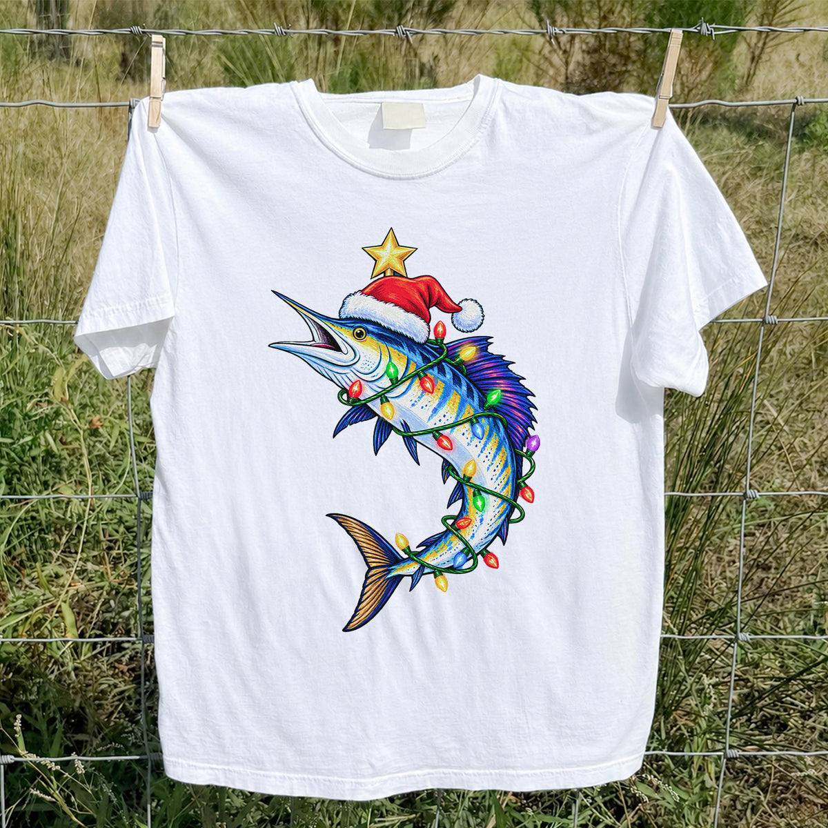 Christmas Marlin Wrapped in Lights Fishing T-Shirt