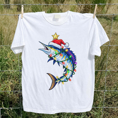 Christmas Marlin Wrapped in Lights Fishing T-Shirt