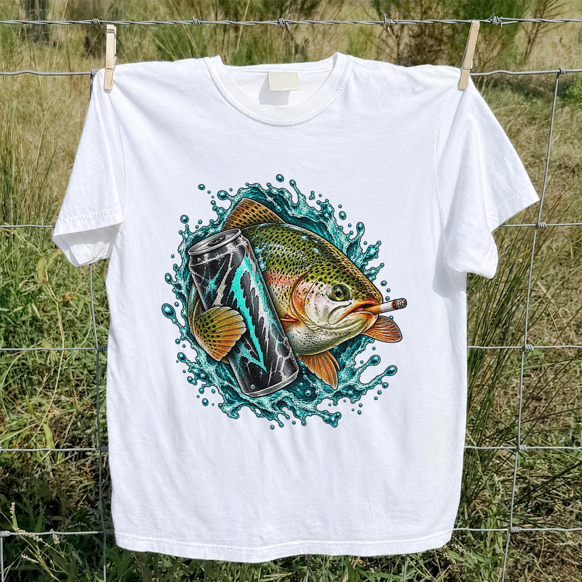 Rainbow Trout with Cigarette and Energy Drink Fishing T-Shirt