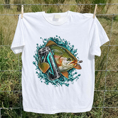 Rainbow Trout with Cigarette and Energy Drink Fishing T-Shirt