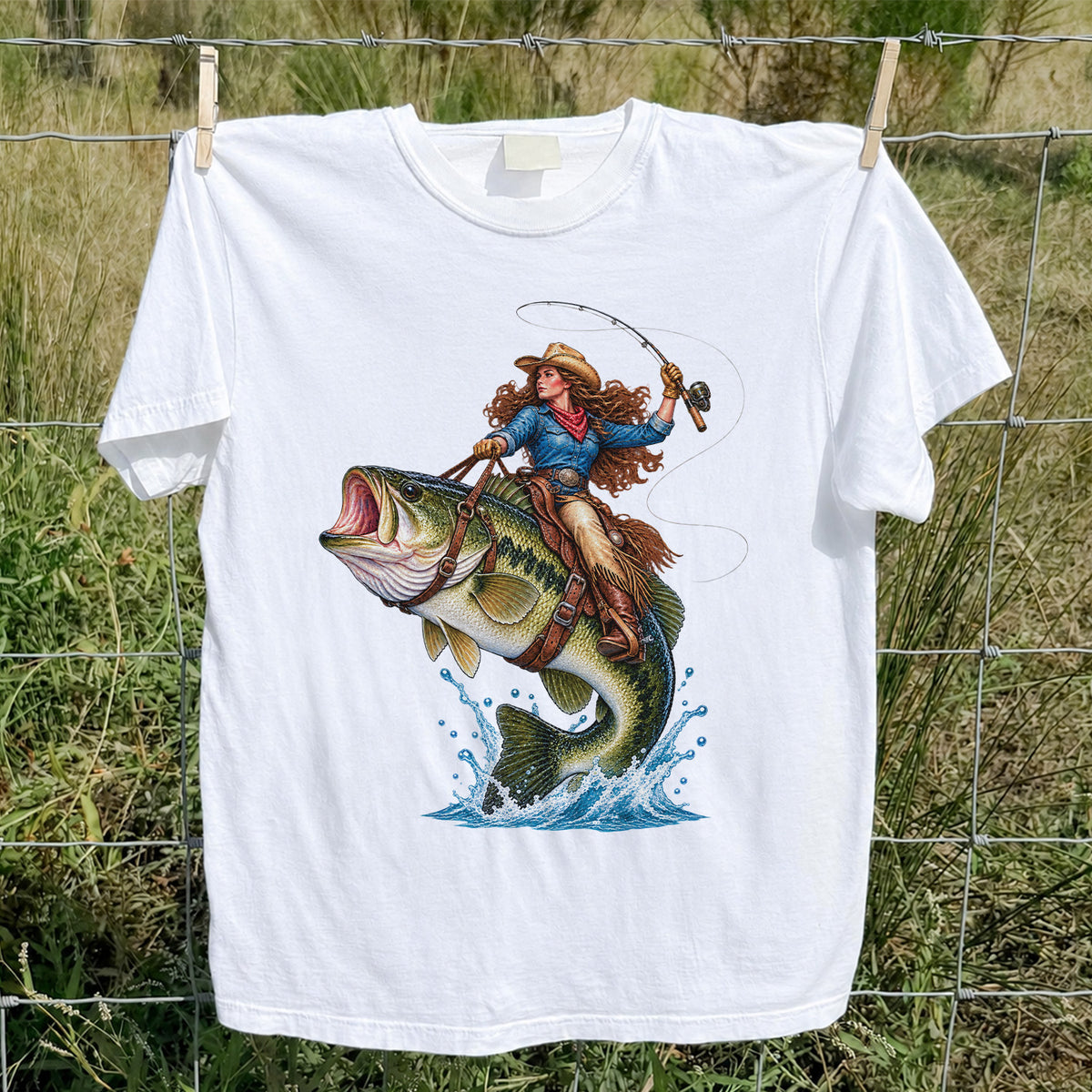 Cowgirl Riding a Largemouth Bass Fishing Graphic T-Shirt