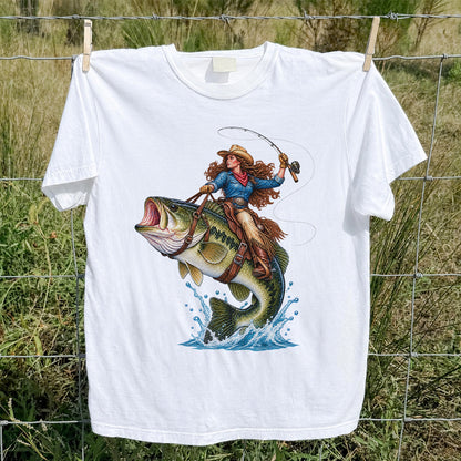Cowgirl Riding a Largemouth Bass Fishing Graphic T-Shirt