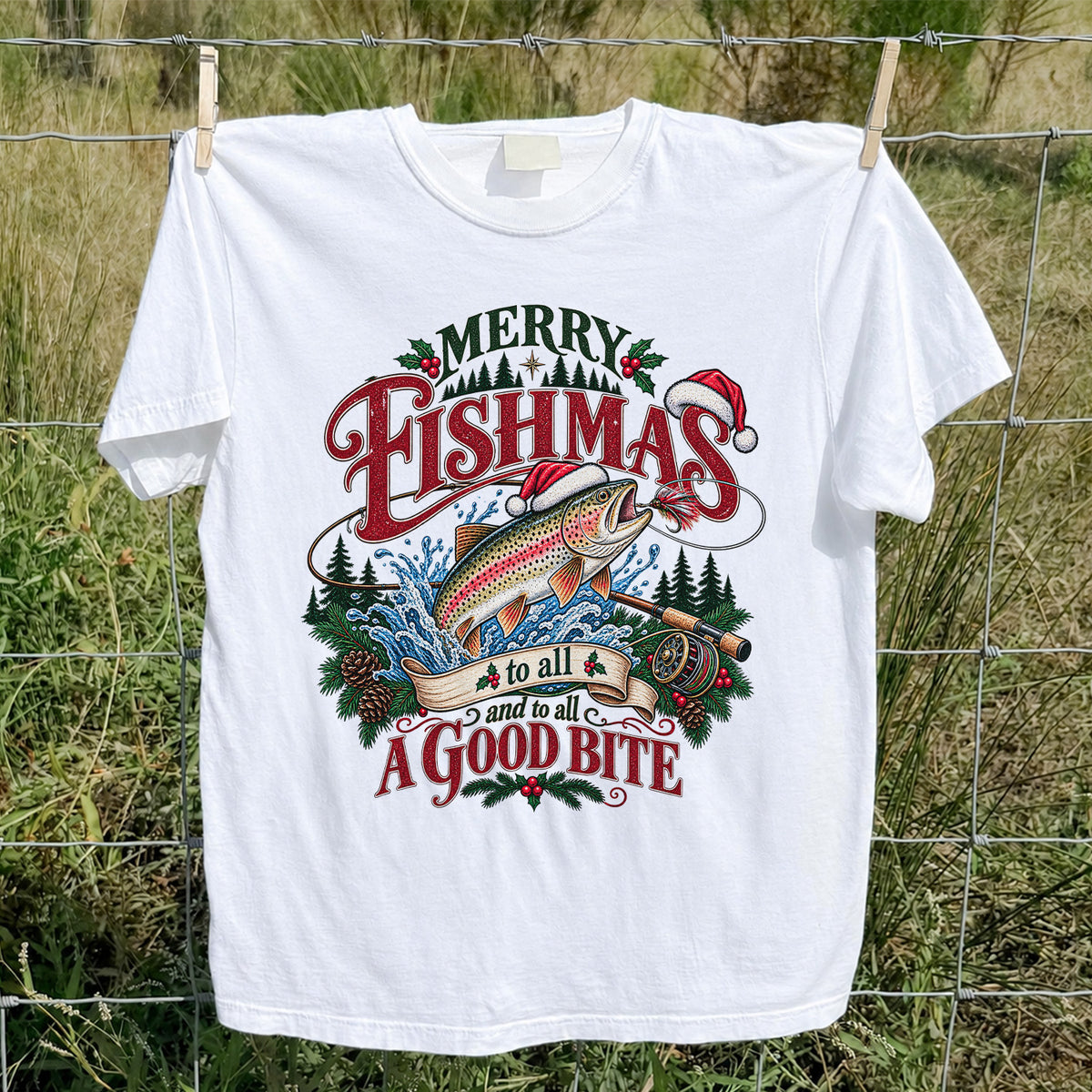 Merry Fishmas to All and to All a Good Bite Rainbow Trout T-Shirt