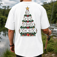 Christmas Tree with Anglers and Rainbow Trout Fishing Graphic T-Shirt | Back Print