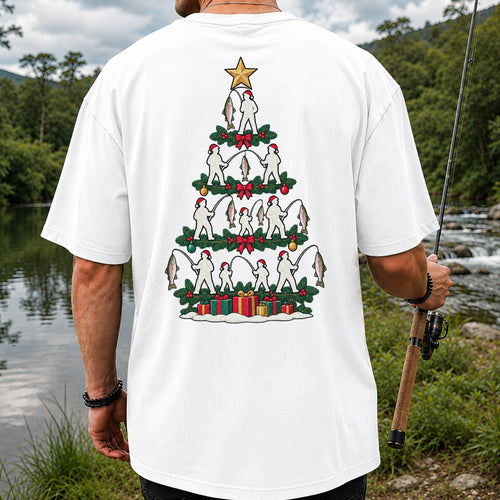 Christmas Tree with Anglers and Rainbow Trout Fishing Graphic T-Shirt | Back Print