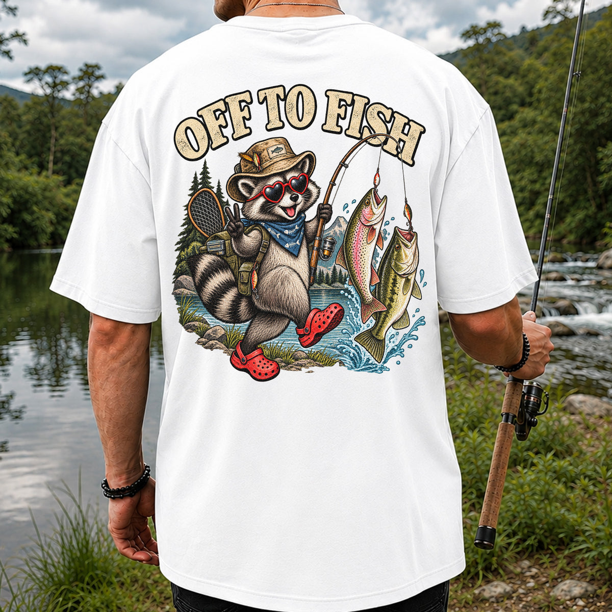 Off to Fish Raccoon with Trout and Bass Fishing T-Shirt | Back Print