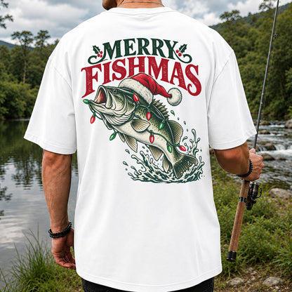 Christmas Bass Fishing Graphic T-Shirt with Santa Hat | Back Print