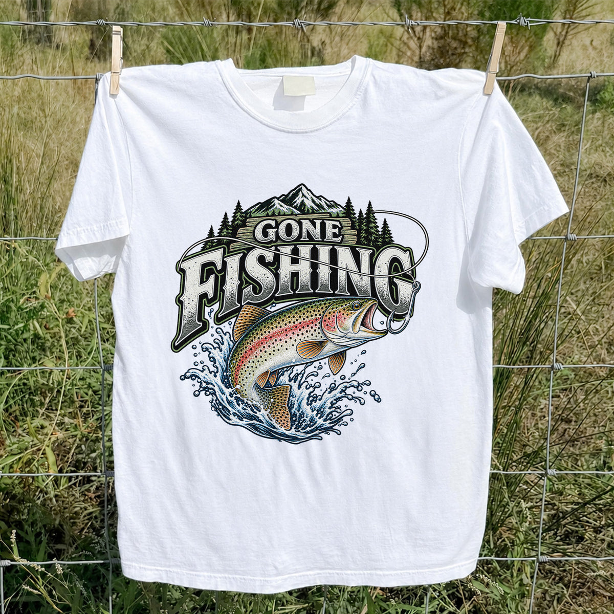 Gone Fishing Rainbow Trout and Mountains Graphic T-Shirt