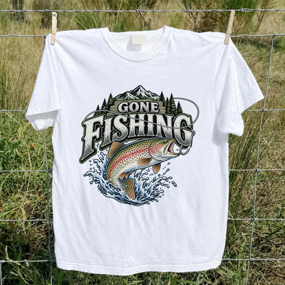 Gone Fishing Rainbow Trout and Mountains Graphic T-Shirt