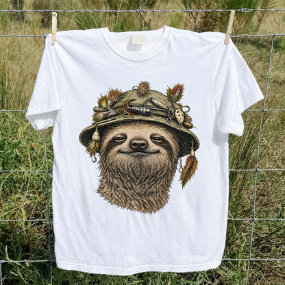 Sloth Wearing a Fishing Lure Hat Hand-Drawn Graphic T-Shirt