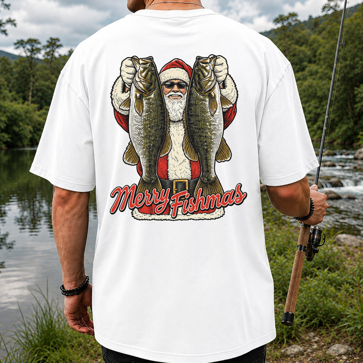 Santa Holding Bass Christmas Fishing Graphic T-Shirt | Back Print