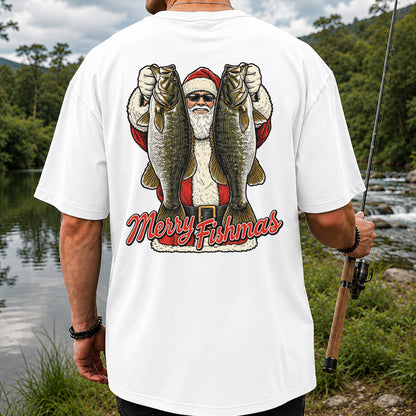Santa Holding Bass Christmas Fishing Graphic T-Shirt | Back Print