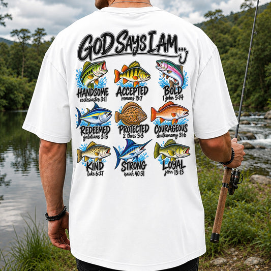 God Says I Am Christian Fish and Bible Verse Fishing Graphic T-Shirt | Back Print