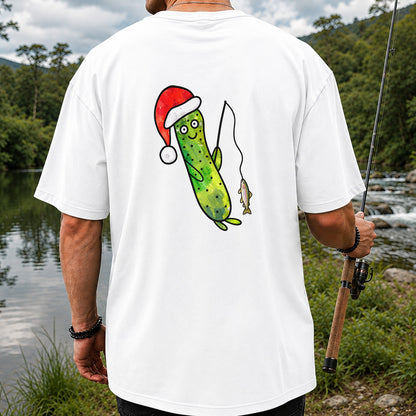 Santa Hat Cucumber Fishing for Trout Graphic T-Shirt | Back Print