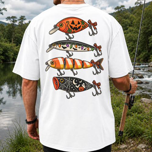 Halloween Fishing Lures with Pumpkin, Ghost and Candy Corn Graphic T-Shirt | Back Print