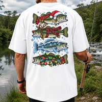 Christmas Bass with Santa Hat and Holiday Lights Fishing T-Shirt | Back Print