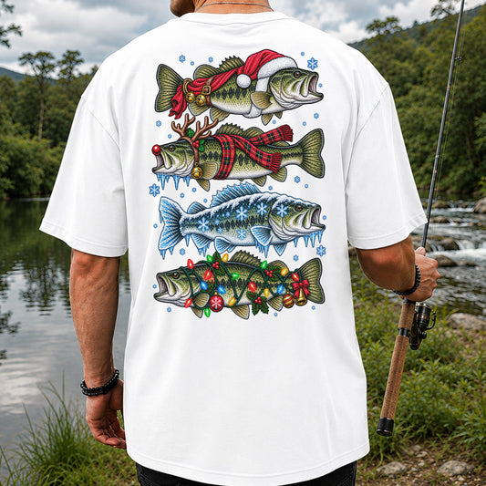 Christmas Bass with Santa Hat and Holiday Lights Fishing T-Shirt | Back Print
