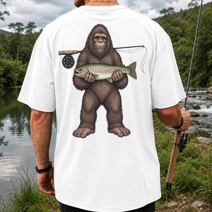 Bigfoot Holding Rainbow Trout Fly Fishing Graphic T-Shirt | Back Print