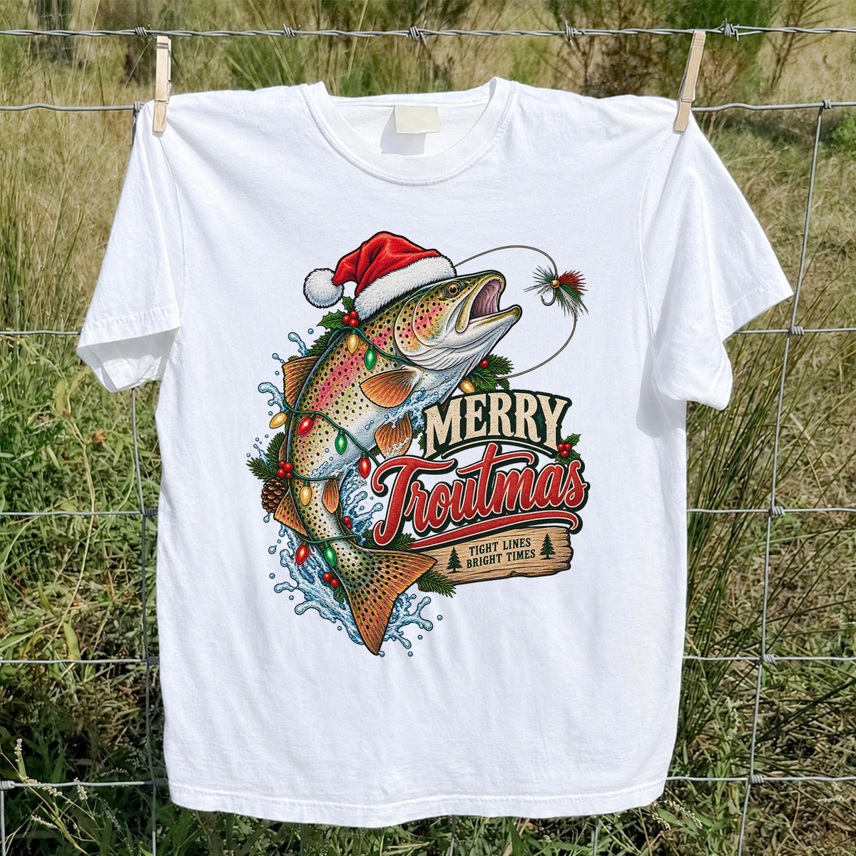 Merry Troutmas Tight Lines Bright Times Santa Hat Rainbow Trout Fishing T-Shirt