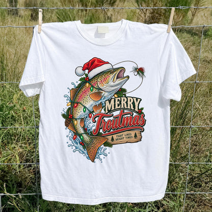 Merry Troutmas Tight Lines Bright Times Santa Hat Rainbow Trout Fishing T-Shirt