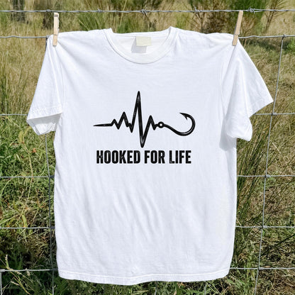 Hooked for Life Fishing Hook Heartbeat Graphic T-Shirt