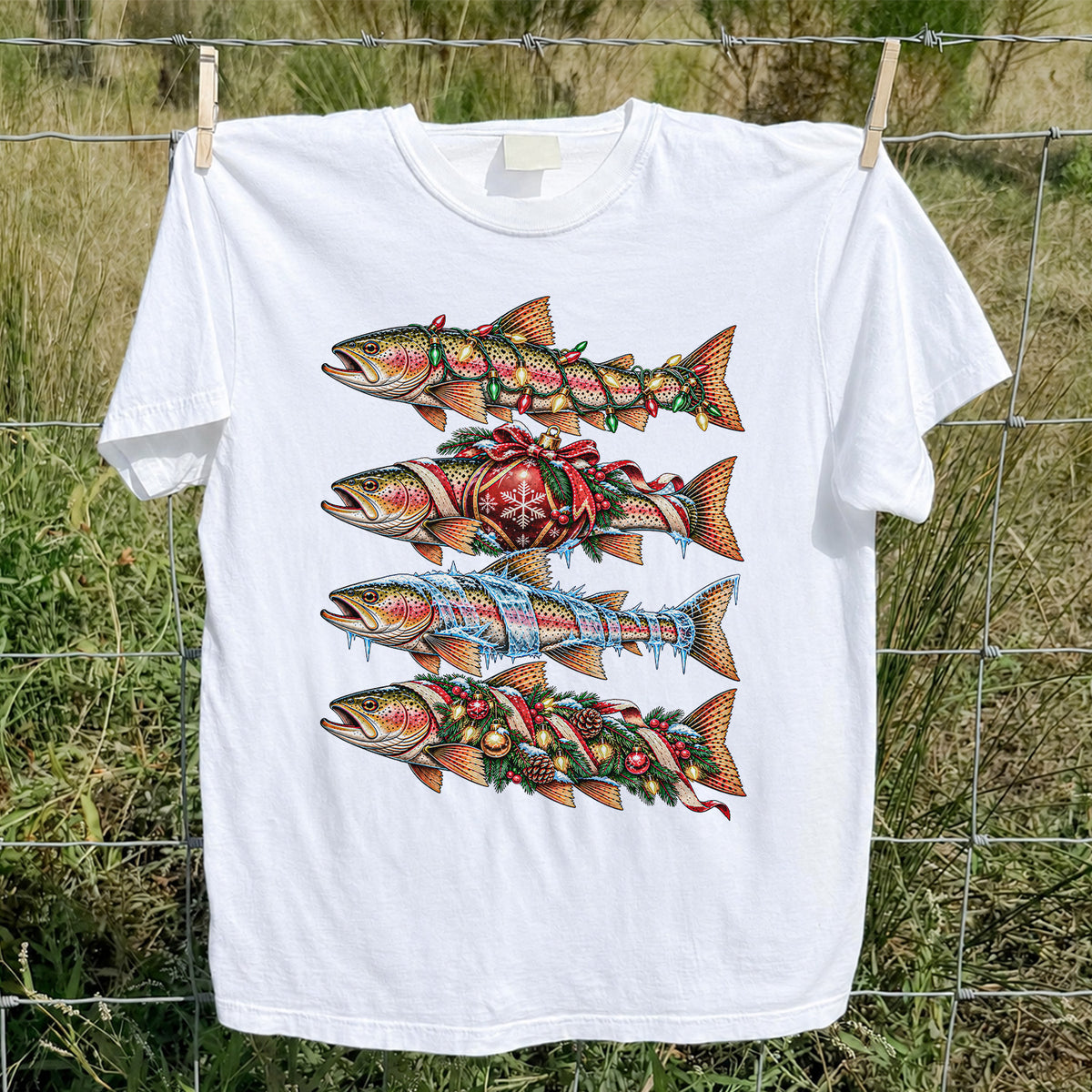 Christmas Rainbow Trout with Holiday Lights Fishing Graphic T-Shirt