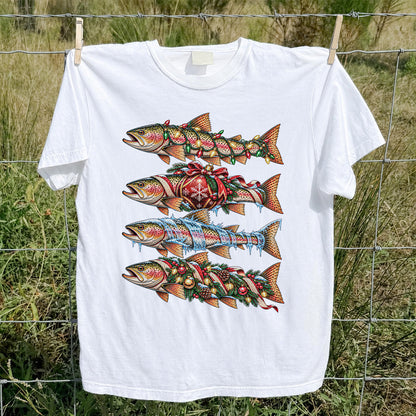 Christmas Rainbow Trout with Holiday Lights Fishing Graphic T-Shirt